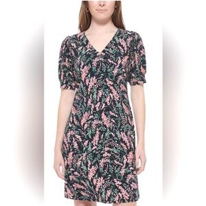 287 Tommy Hilfiger Black Wisteria Floral Mini Dress Size 8 Stretch Short Sleeve